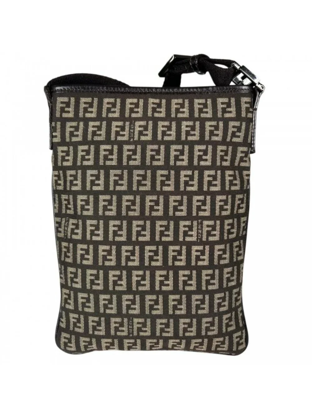 Fendi Shoulder Bag Canvas Leather Brown Silver